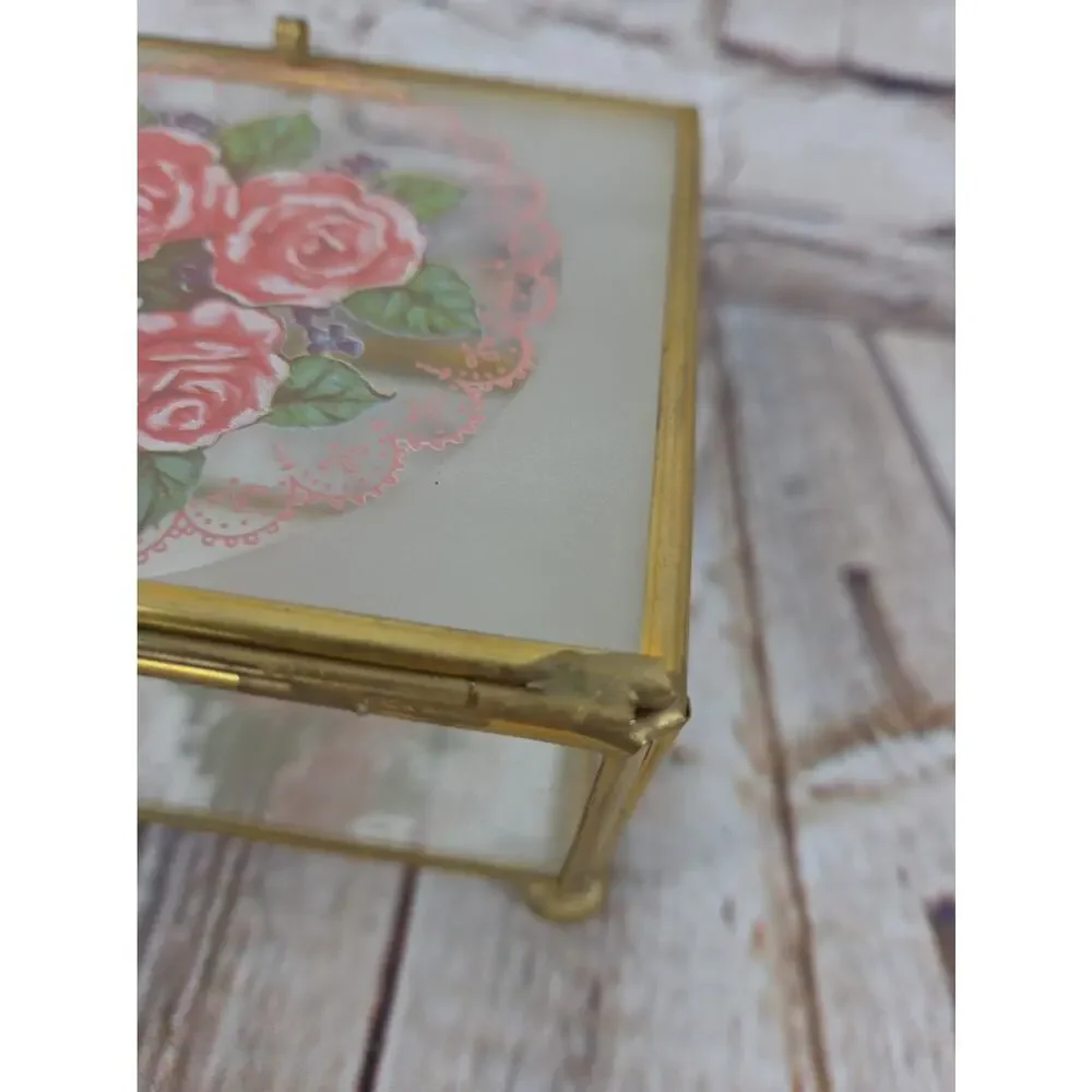 Vintage Roses Glass and Brass Jewelry Trinket Box